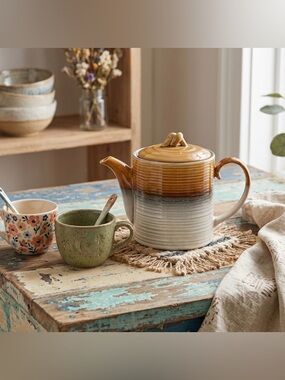 Roscher Stoneware Gradient Neutral Color Teapot Knot Handle Tea Kettle Bohemian